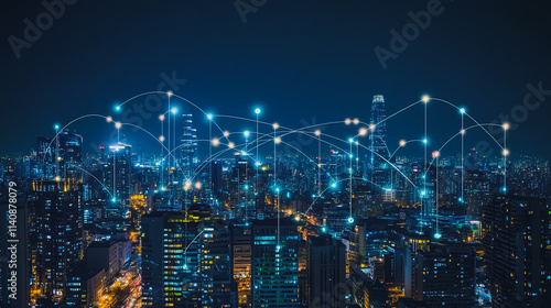 Wallpaper Mural Abstract businessman stands on the peak of success Smart digital city with connection cyber security network reciprocity over the cityscape future wireless digital city and social media networking Torontodigital.ca