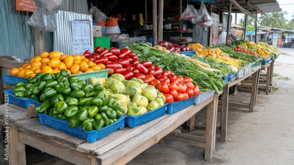 Obraz premium Fresh Colorful Vegetables Displayed on Farm Stand Tables at Local Market in Bright Daylight