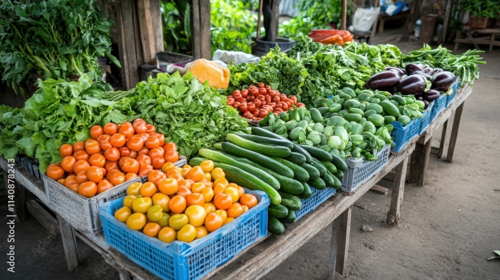 Fresh Organic Vegetables Displayed on Market Table with Vibrant Colors in Agricultural Setting Fresh Organic Vegetables Displayed on Market Table with Vibrant Colors in Agricultural Setting