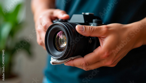 Close-up of hands holding a professional camera.