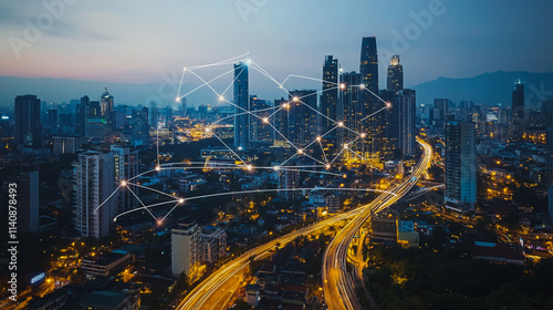 Wallpaper Mural Abstract businessman stands on the peak of success Smart digital city with connection cyber security network reciprocity over the cityscape future wireless digital city and social media networking Torontodigital.ca