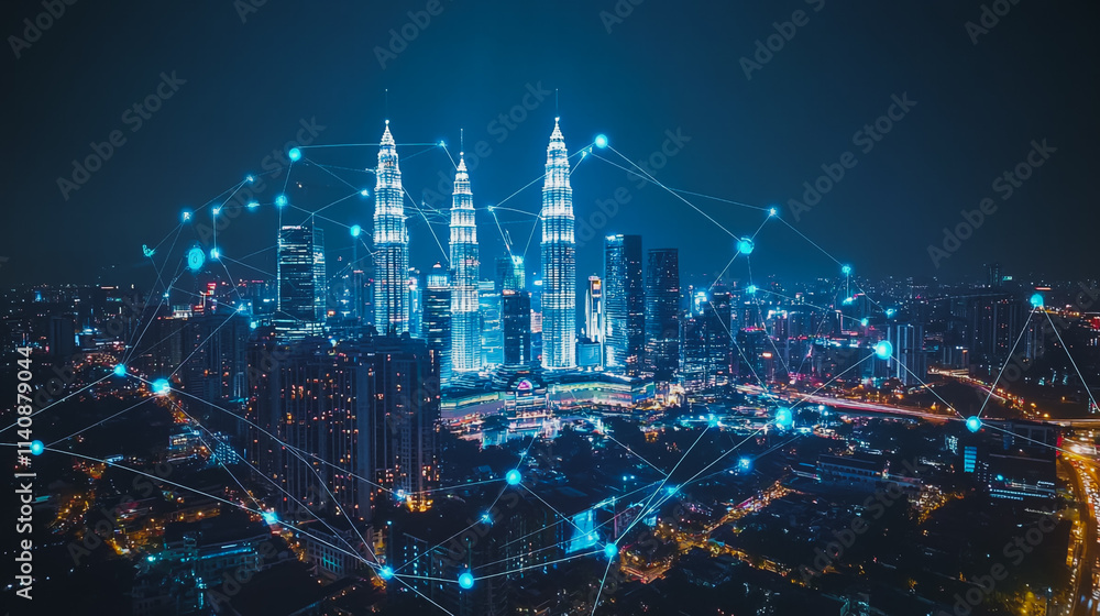 custom made wallpaper toronto digitalAbstract businessman stands on the peak of success Smart digital city with connection cyber security network reciprocity over the cityscape future wireless digital city and social media networking