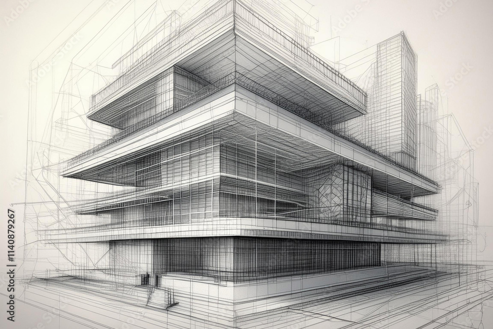 Fototapeta premium Wireframe of building. sketch design. Digital project visualization