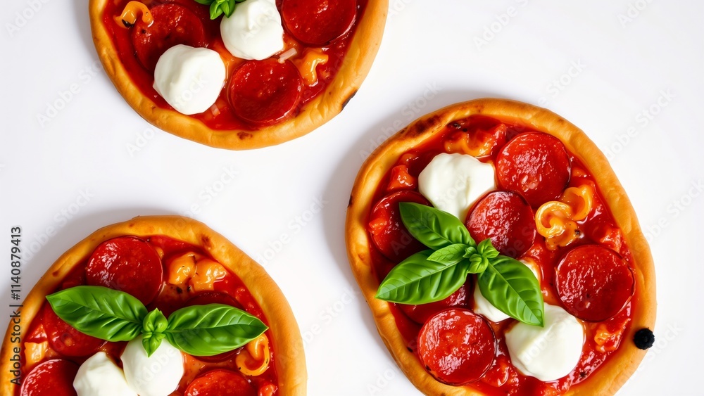 Delicious Pepperoni Pizza with Fresh Basil and Mozzarella on White Background Delicious Pepperoni Pizza with Fresh Basil and Mozzarella on White Background