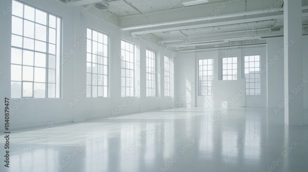 Bright Minimalist White Interior Space with Large Windows Bright Minimalist White Interior Space with Large Windows