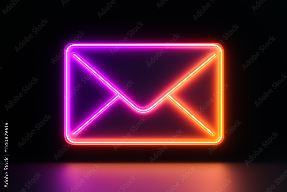 3D render of a glowing neon envelope icon with orange and violet gradient lighting. Concept of communication, email, and digital messaging. 3D render of a glowing neon envelope icon with orange and violet gradient lighting. Concept of communication, email, and digital messaging.