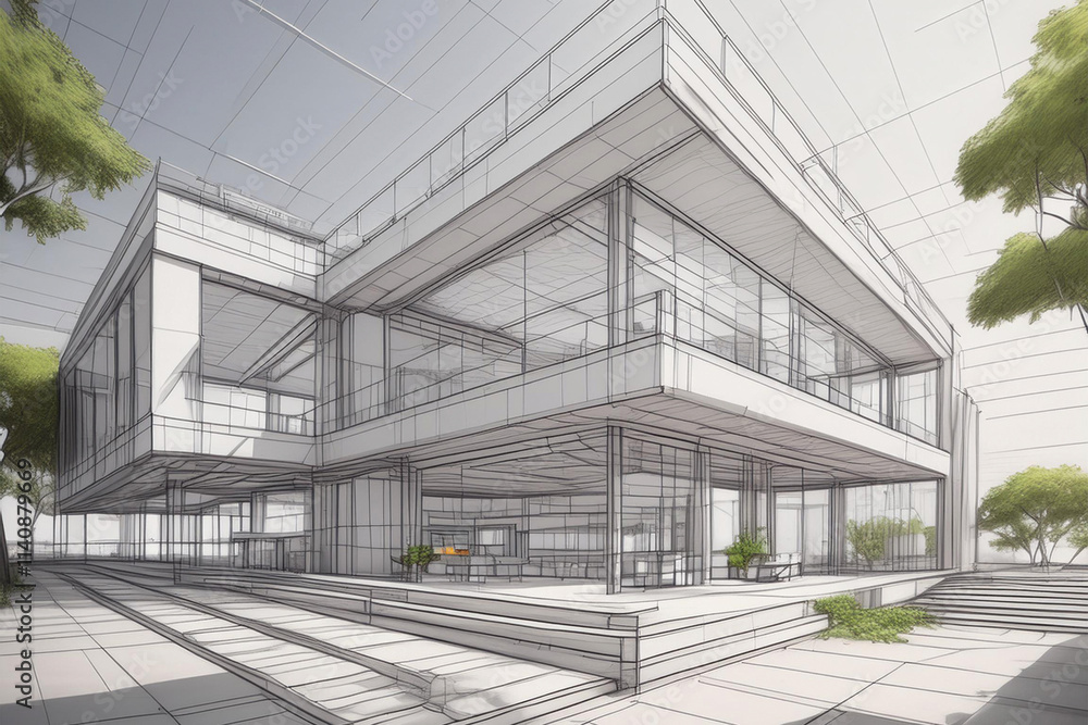 Wireframe of building. sketch design. Digital project visualization Wireframe of building. sketch design. Digital project visualization
