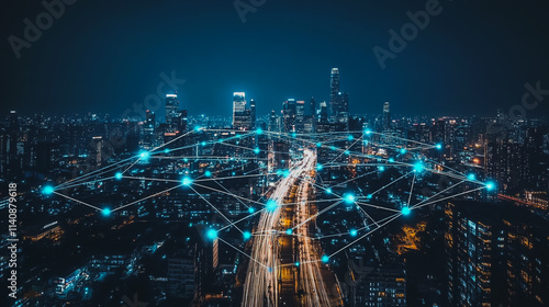 Wallpaper Mural Abstract businessman stands on the peak of success Smart digital city with connection cyber security network reciprocity over the cityscape future wireless digital city and social media networking Torontodigital.ca