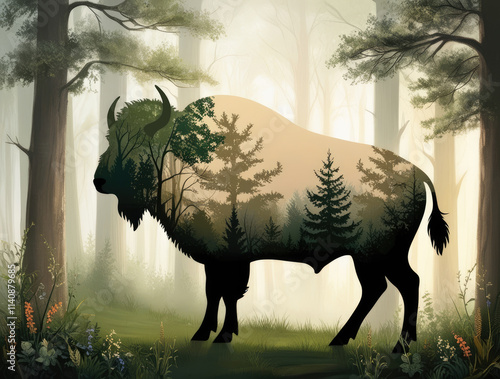 Silhouette of a Bison Overlayed with Forest Scenery in Tranquil Woods