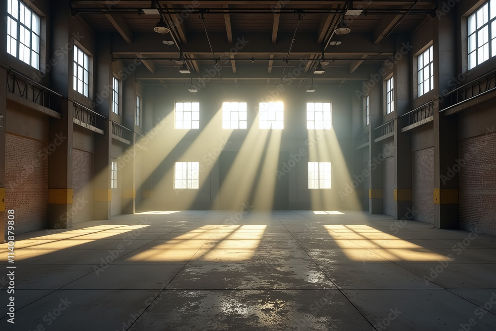 serene atmosphere created empty industrial space sunlight streaming misty serene atmosphere created empty industrial space sunlight streaming misty