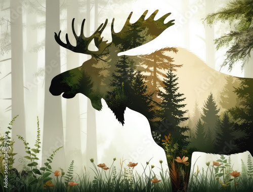 Double Exposure of A Moose Blending with Lush Forest Landscape