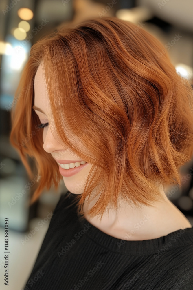 .Side view of a woman in a salon with copper and blonde balayage hair color. .Side view of a woman in a salon with copper and blonde balayage hair color.