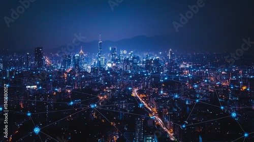 Wallpaper Mural Abstract businessman stands on the peak of success Smart digital city with connection cyber security network reciprocity over the cityscape future wireless digital city and social media networking Torontodigital.ca