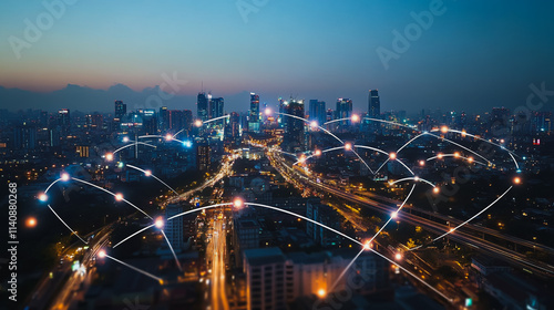 Wallpaper Mural Abstract businessman stands on the peak of success Smart digital city with connection cyber security network reciprocity over the cityscape future wireless digital city and social media networking Torontodigital.ca