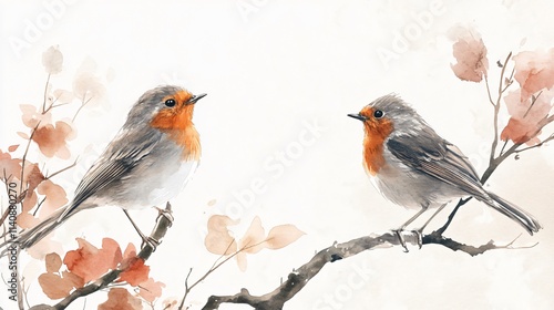 Fototapeta Naklejka Na Ścianę i Meble -  Two Robins on a Branch: A Watercolor Painting of Nature's Beauty