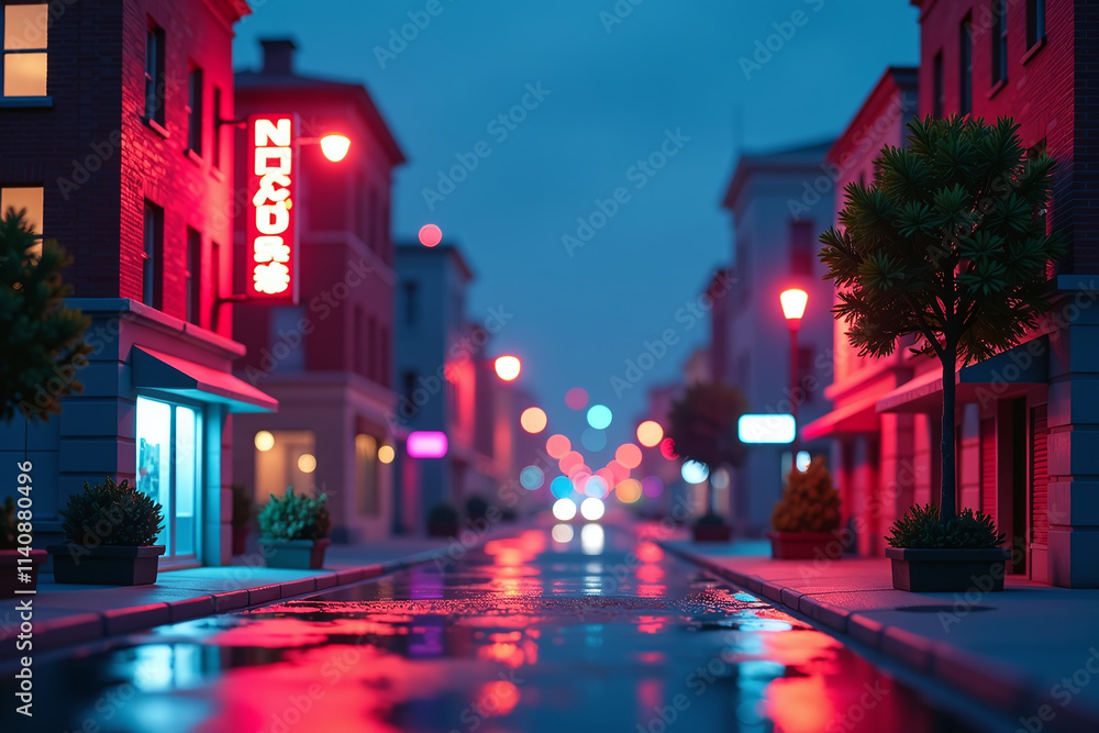 Fototapeta premium small city scene features neon light miniature