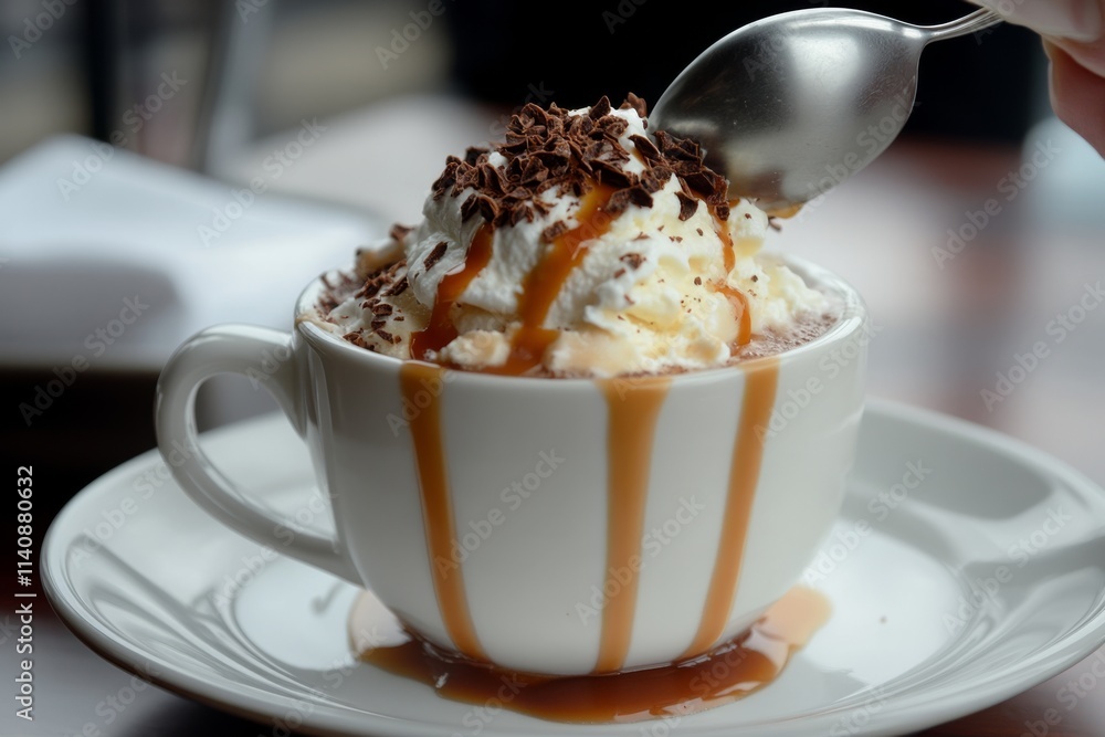 A decadent dessert topped with whipped cream and drizzled caramel sits, inviting indulgence and sweet satisfaction. A decadent dessert topped with whipped cream and drizzled caramel sits, inviting indulgence and sweet satisfaction.