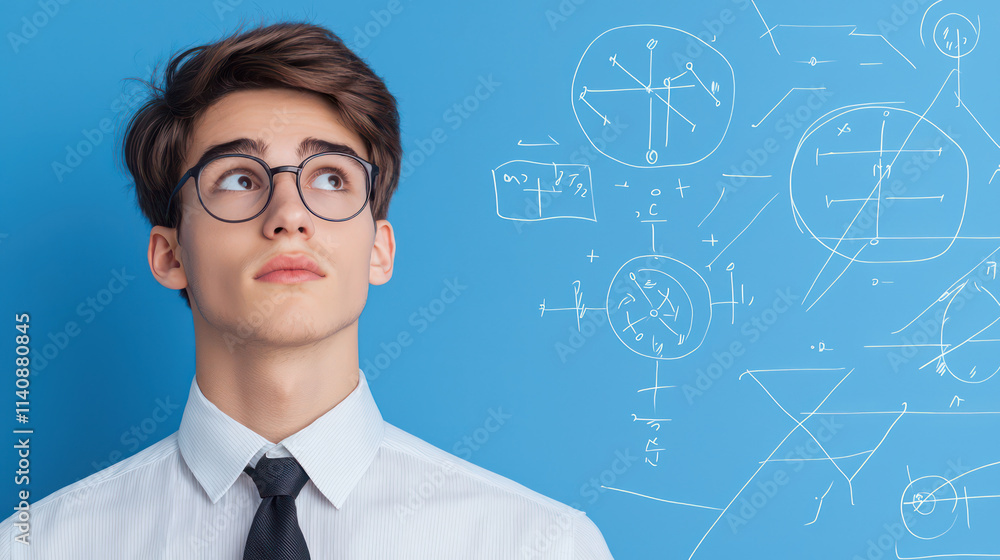 thoughtful young man in glasses stands against blue background, pondering scientific concepts and equations thoughtful young man in glasses stands against blue background, pondering scientific concepts and equations