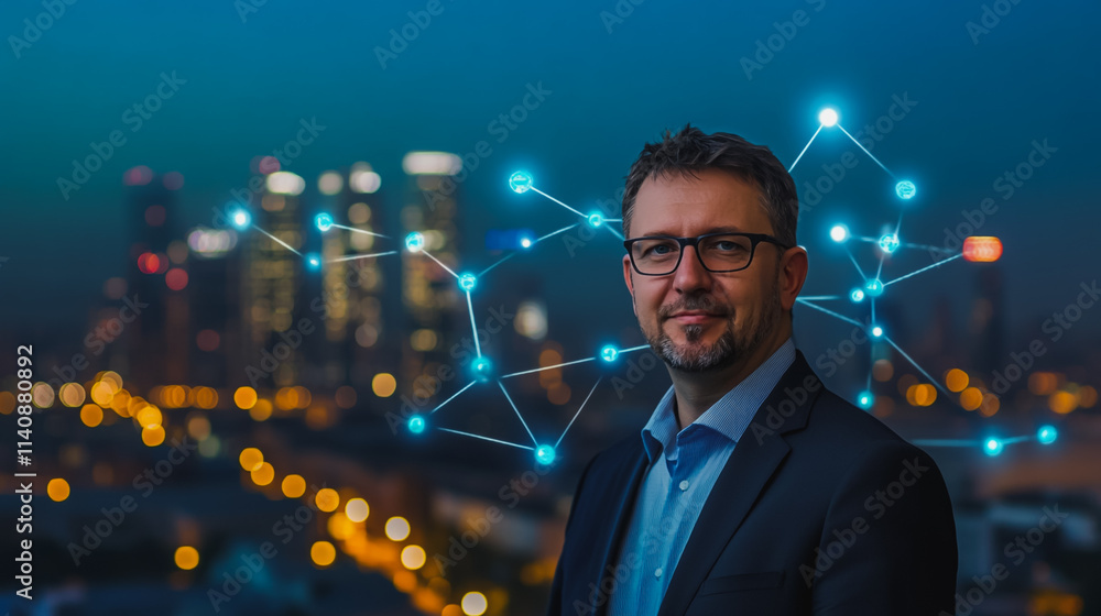 Abstract businessman stands on the peak of success Smart digital city with connection cyber security network reciprocity over the cityscape future wireless digital city and social media networking Abstract businessman stands on the peak of success Smart digital city with connection cyber security network reciprocity over the cityscape future wireless digital city and social media networking