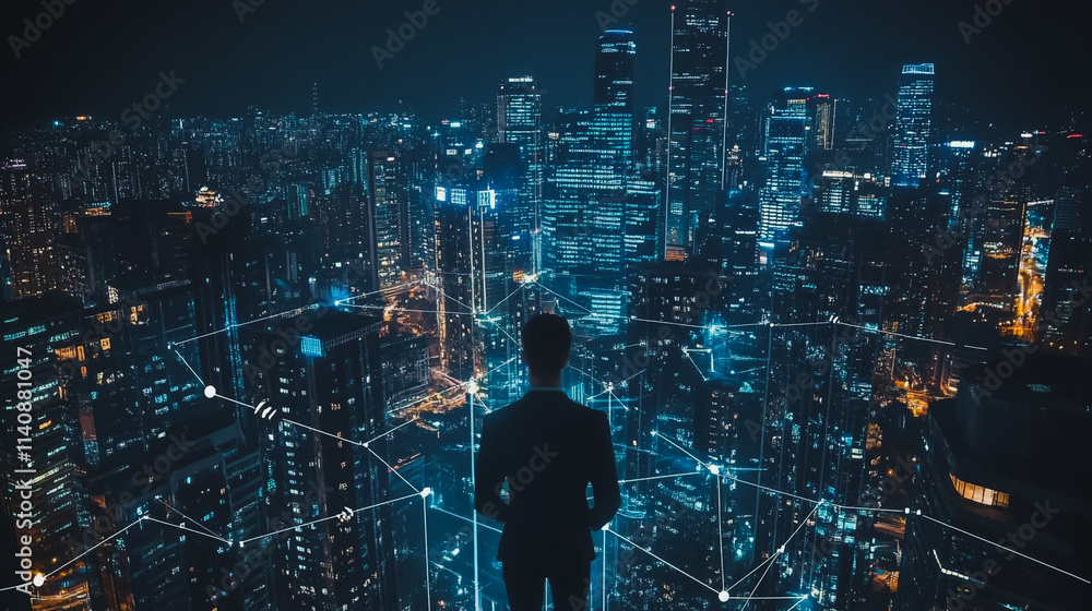 Abstract businessman stands on the peak of success Smart digital city with connection cyber security network reciprocity over the cityscape future wireless digital city and social media networking Abstract businessman stands on the peak of success Smart digital city with connection cyber security network reciprocity over the cityscape future wireless digital city and social media networking