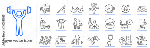 gym icons, fitness icon set, sport simple symbols, line vector illustration, outline editable stroke