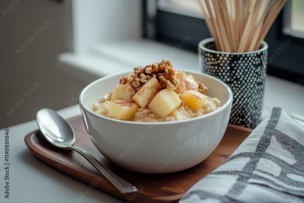 A cozy bowl of oatmeal topped with fresh apple cubes and walnuts, inviting warmth and comfort, sits beside a spoon on a wooden tray. A cozy bowl of oatmeal topped with fresh apple cubes and walnuts, inviting warmth and comfort, sits beside a spoon on a wooden tray.