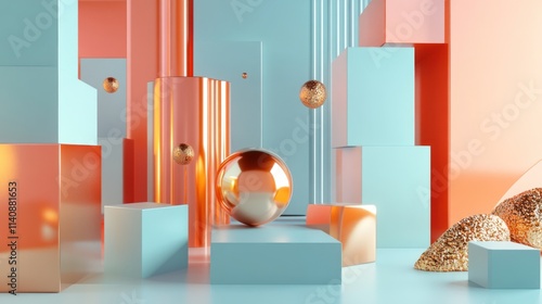 Abstract 3D Render: Pastel & Metallic Geometric Shapes