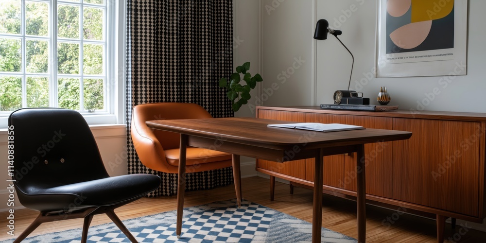 A sleek, minimalist home study with modern desk, leather chairs, patterned rug, and geometric wall art. A sleek, minimalist home study with modern desk, leather chairs, patterned rug, and geometric wall art.