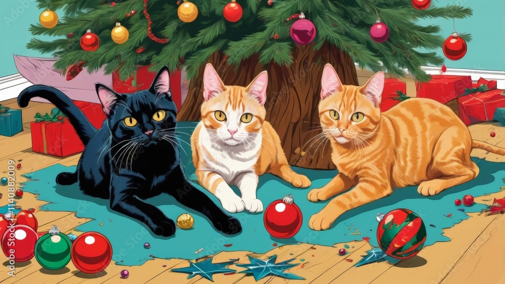 Fototapeta premium Humorous holiday scene with cats causing a mess and toppling a Christmas tree