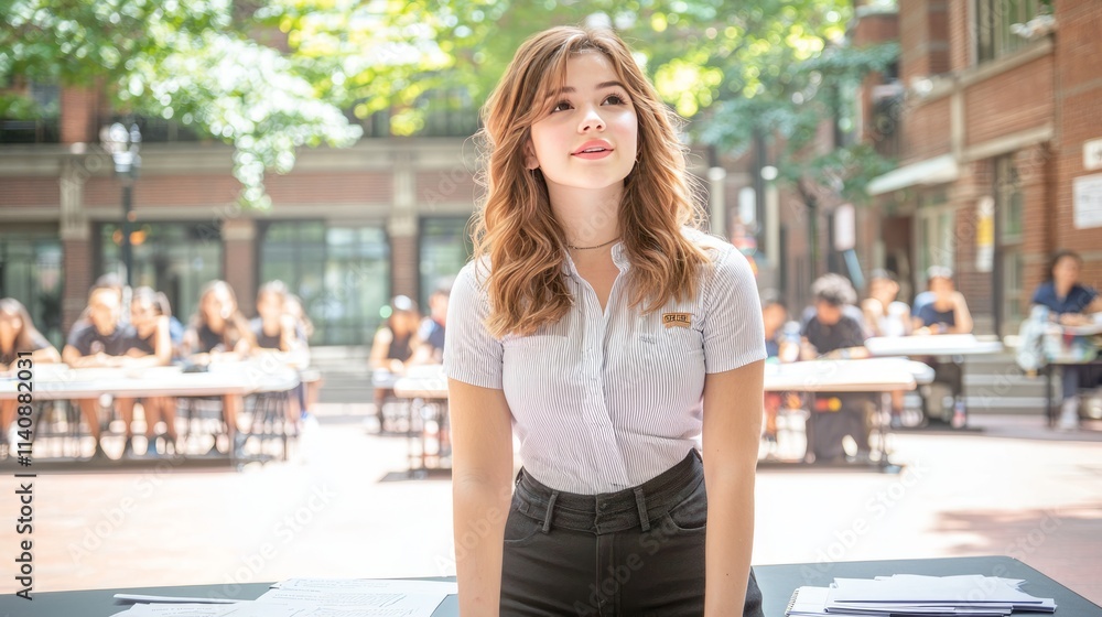 A young woman stands at a table outdoors, engaged in an event or activity. A young woman stands at a table outdoors, engaged in an event or activity.