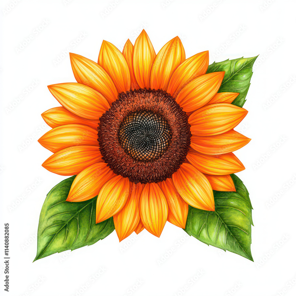 Fototapeta premium Bright and vibrant sunflower with green leaves, showcasing nature beauty and warmth