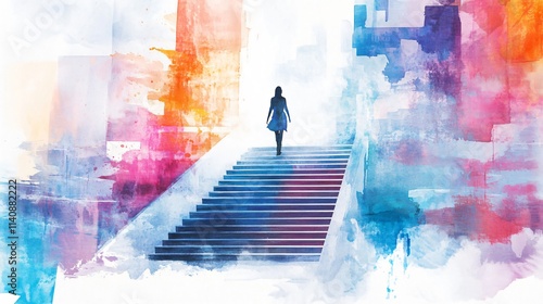 Abstract watercolor painting of woman walking up stairs, symbolizing hope, journey, and new beginnings. Uplifting and inspirational artwork.