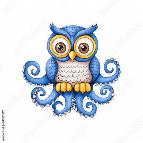 Cute blue owl with octopus tentacles in whimsical watercolor style photo