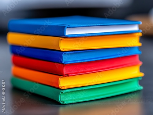 A stack of colorful books sitting on top of a table photo