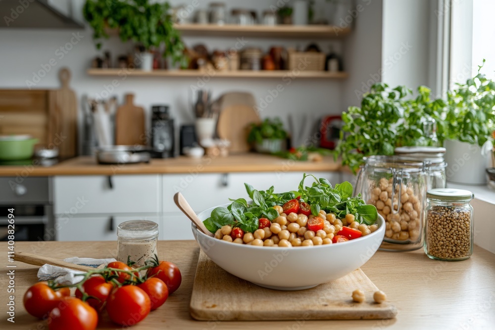 A vibrant kitchen scene featuring a salad of chickpeas, tomatoes, and greens, accented with rustic shelves lined with cookbooks and kitchen tools. A vibrant kitchen scene featuring a salad of chickpeas, tomatoes, and greens, accented with rustic shelves lined with cookbooks and kitchen tools.