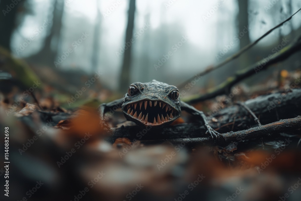 A creature with sharp teeth and a watchful gaze emerges from the forest floor amidst blurred autumn leaves, evoking mystery and intrigue. A creature with sharp teeth and a watchful gaze emerges from the forest floor amidst blurred autumn leaves, evoking mystery and intrigue.