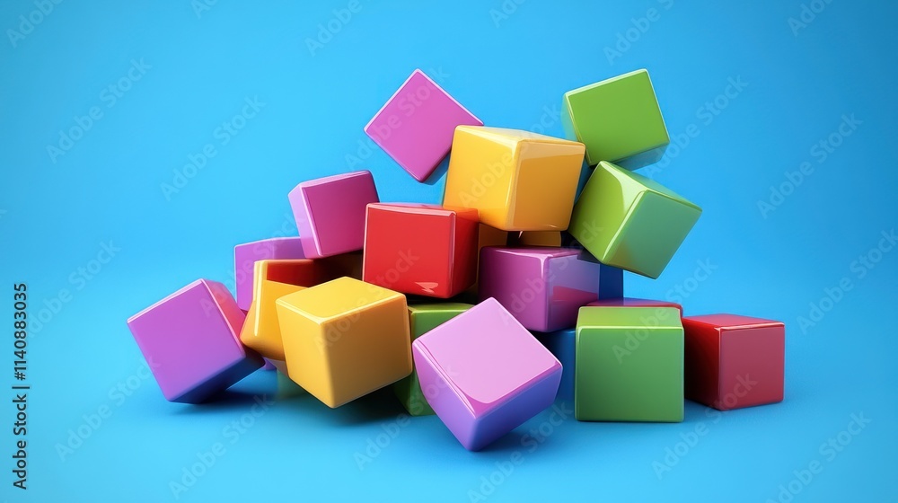 Colorful Cubes Cascade: A vibrant 3D render of playful blocks tumbling against a serene blue backdrop. Colorful Cubes Cascade: A vibrant 3D render of playful blocks tumbling against a serene blue backdrop.