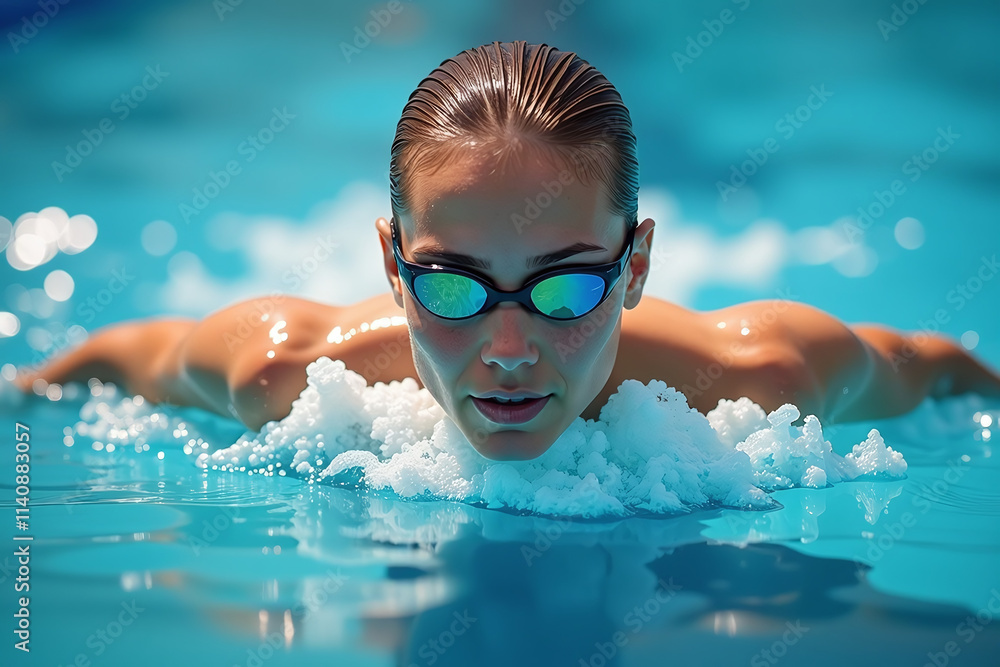 Naklejka premium swimmer wears goggles deep blue water focused