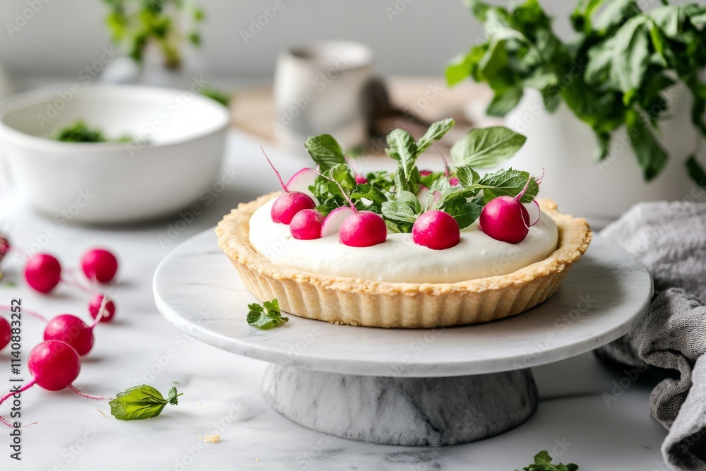 A tart adorned with radishes and mint sits elegantly on a marble platform, surrounded by fresh greens, conveying a sense of modern culinary art. A tart adorned with radishes and mint sits elegantly on a marble platform, surrounded by fresh greens, conveying a sense of modern culinary art.