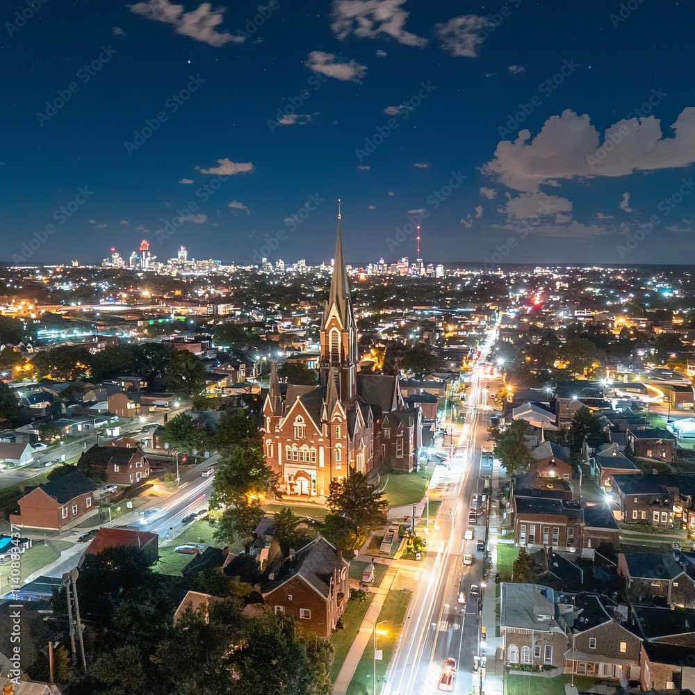 Fototapeta premium Aerial view of a cityscape at night featuring a historic church.