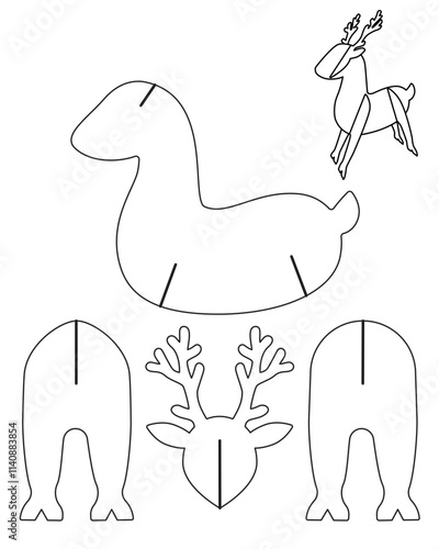 Christmas Deer, Printable DIY template for 3D figurine simple cardboard craft Deer. Vector image of parts for laser cutting. Reindeer do it yourself decor for winter holidays