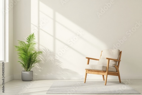 A minimalist-style seating area featuring a simple chair and plant, capturing the purity of design and the beauty of natural light pouring through the window in a tranquil environment. photo