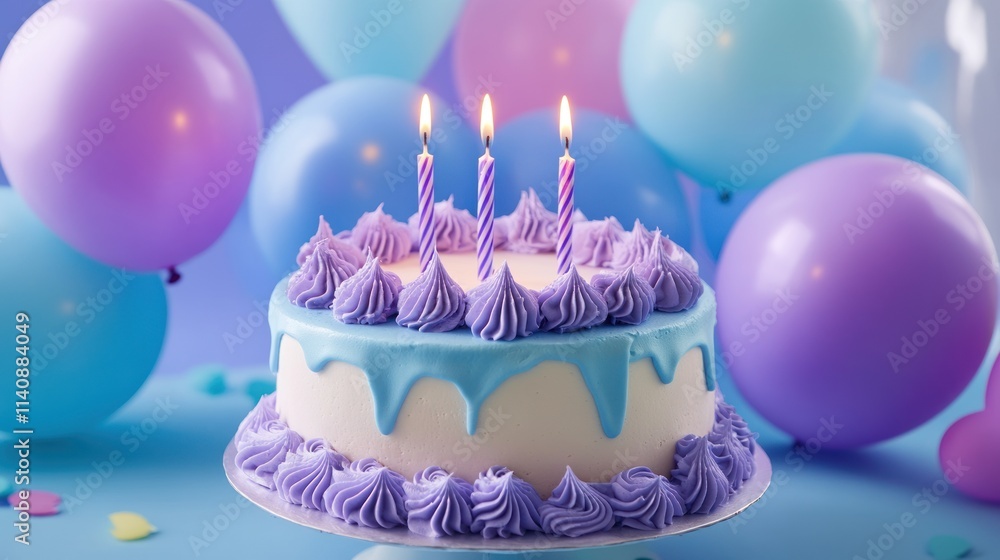 Delightful Birthday Cake with Lavender Frosting and Balloons Delightful Birthday Cake with Lavender Frosting and Balloons