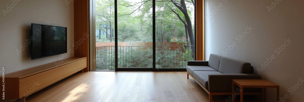 Fototapeta premium A minimalist room with a large window overlooking greenery, featuring a sleek sofa and wide wooden floor.