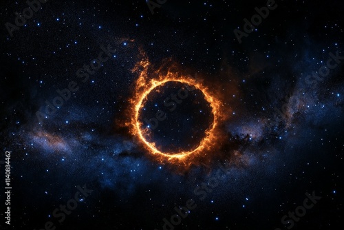 An electrifying image showcasing a cosmic ring of fire set against a deep starry background, illustrating the limitless wonders and mysteries of the universe. photo