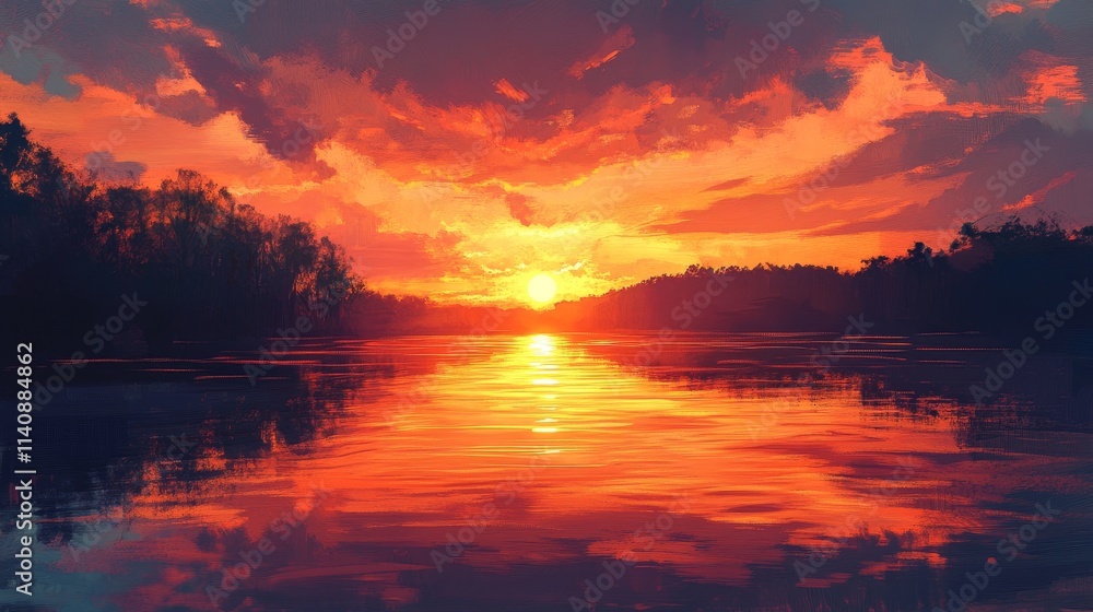 Fototapeta premium sunset reflecting on calm water, tranquil sunset over the ocean, vibrant colors of sunset over peaceful waters