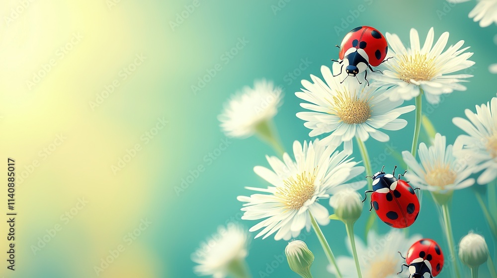 A cluster of ladybugs perched upon a white blossom near a field of daisies A cluster of ladybugs perched upon a white blossom near a field of daisies
