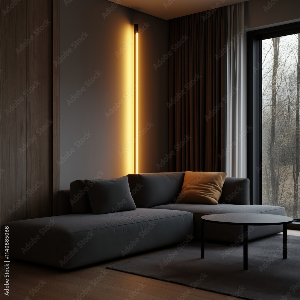 Fototapeta premium A stylish contemporary sofa with soft lighting, featuring a modern aesthetic and sleek lines in a room.