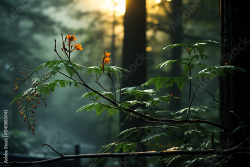 beautiful allure of a dawn-drenched green forest, veiled in a hazy twilight, reveals a garden of resplendent tones, a vibrant color ambiance, and fleeting splendor of this enchanting interlude photo