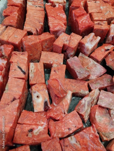 Obraz na płótnie meat preparations for animal feed, pieces of beef lung w salonie